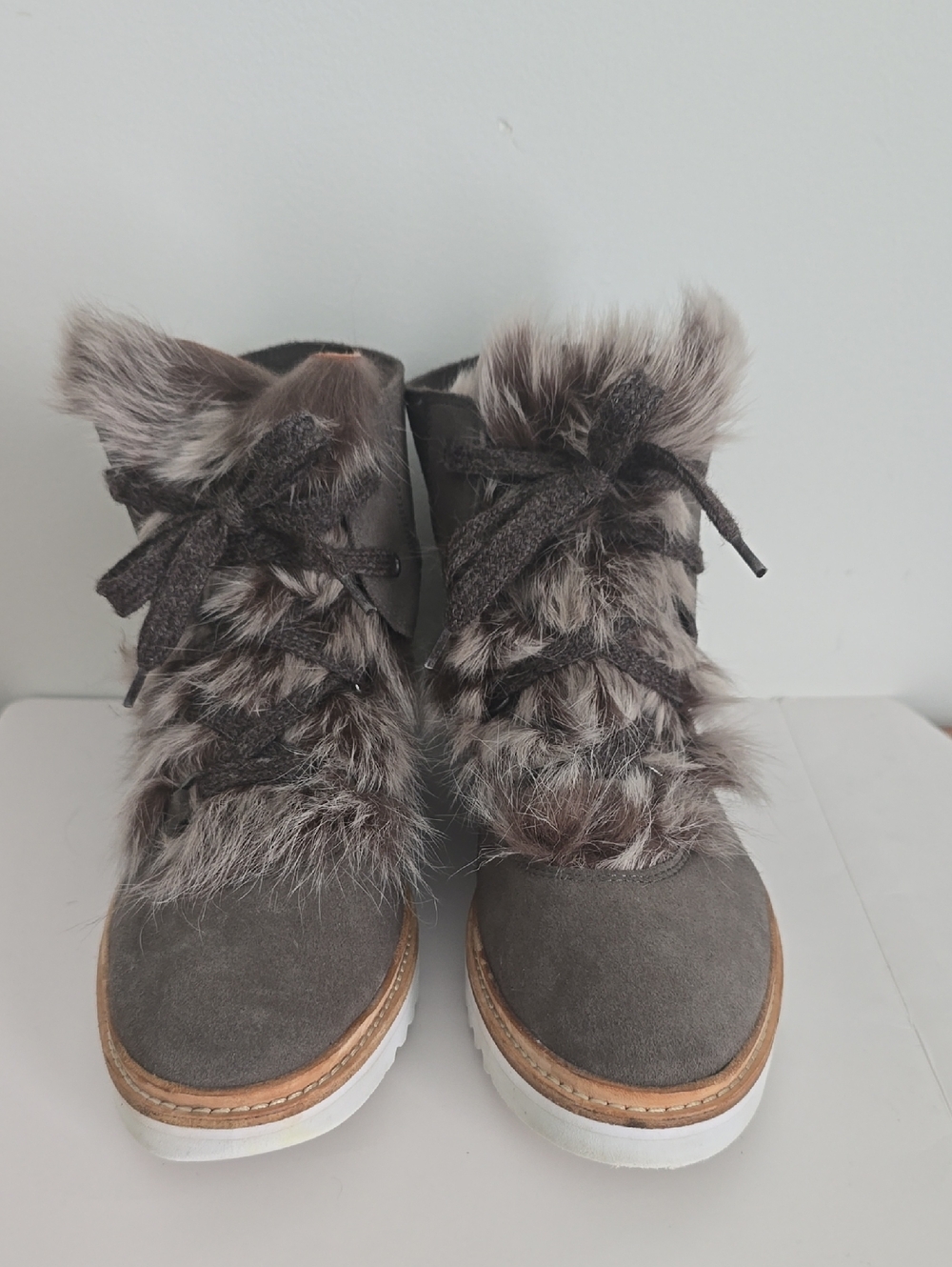 Johnston & Murphy Gray Faux Fur Lace-Up Women's Ankle Boots